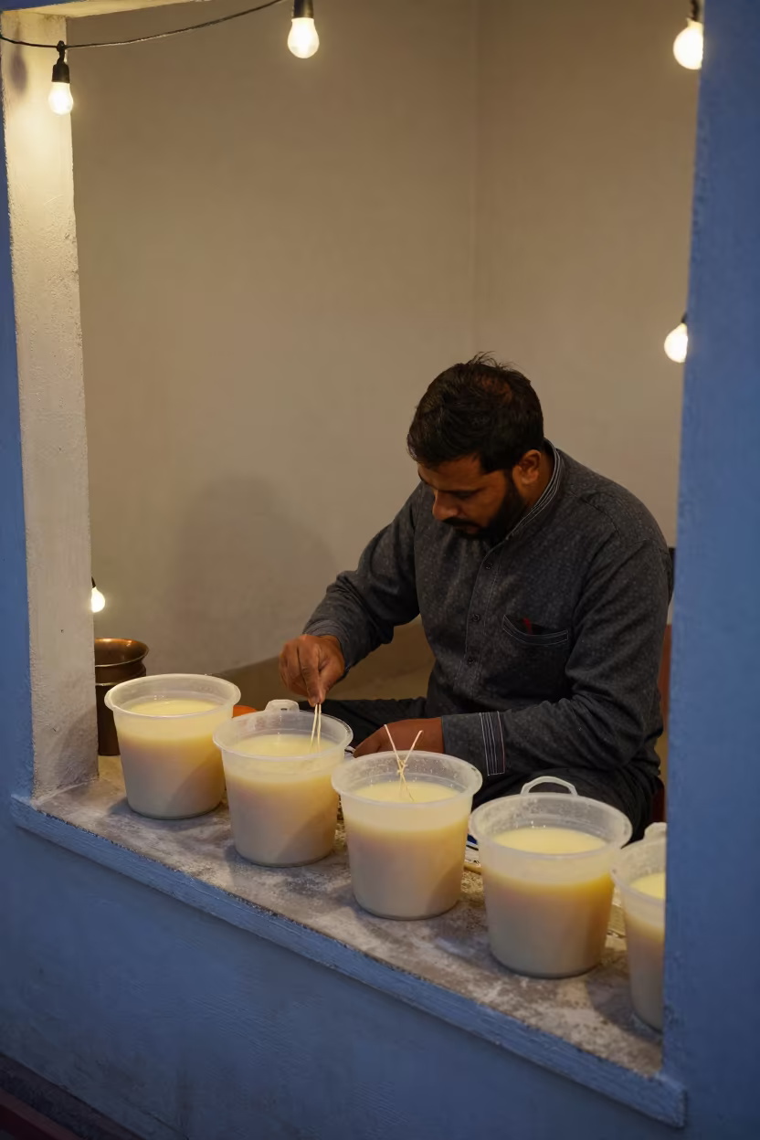 Candlemaker Dipping Wicks in Wax Vats Sahiwal in on a painted display ledge in Sahiwal