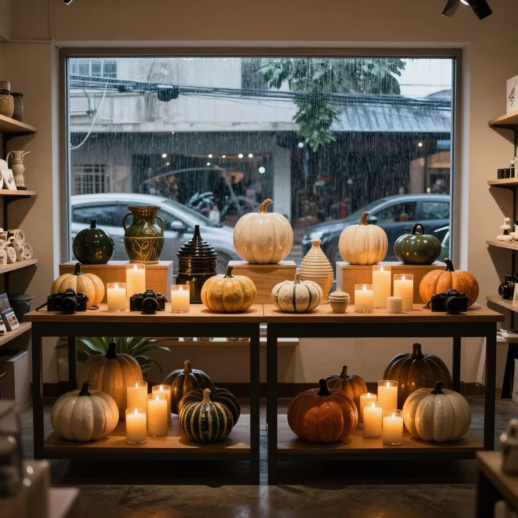 Candles and Pumpkins Display in Lagos Retail in inside a bright retail aisle near Lagos