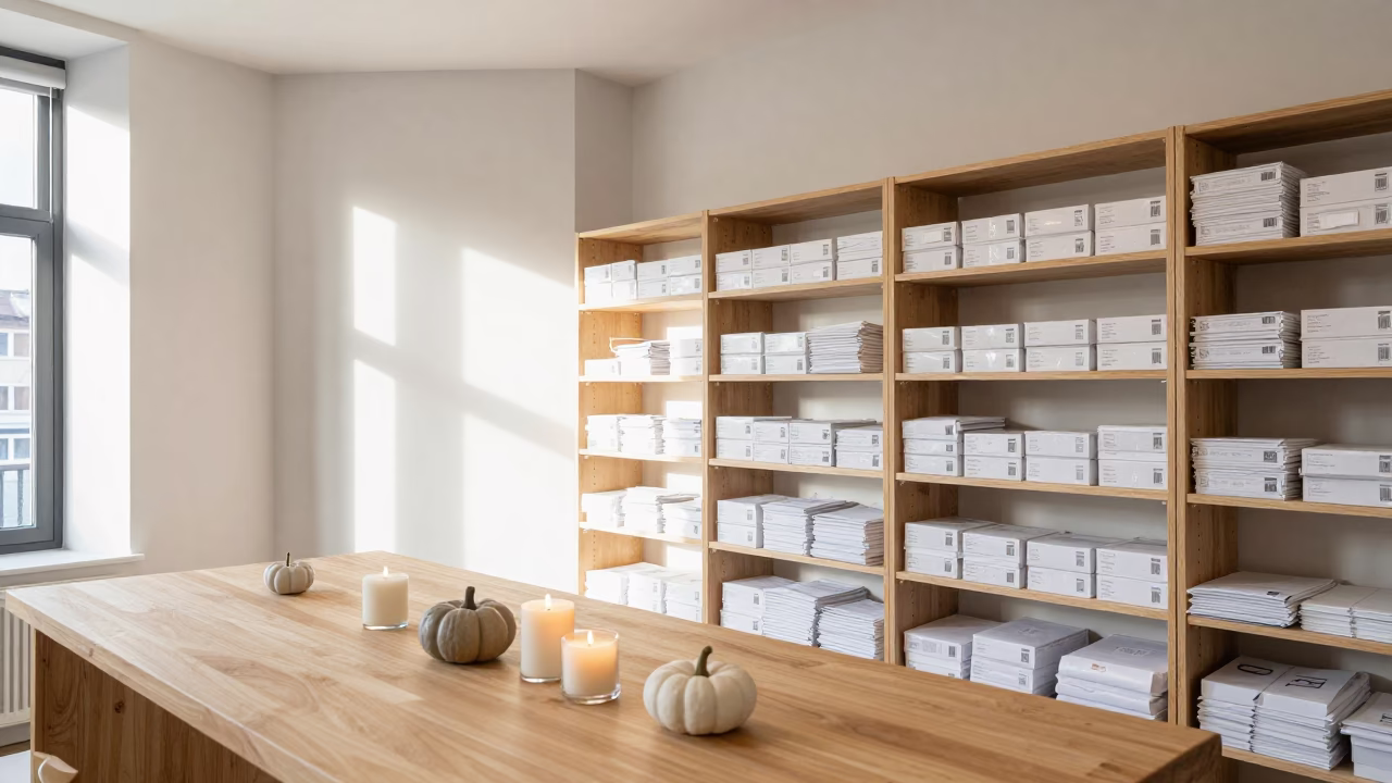 Candles and Pumpkins on Stockroom Table in inside a stockroom behind the sales floor in Newcastle upon Tyne