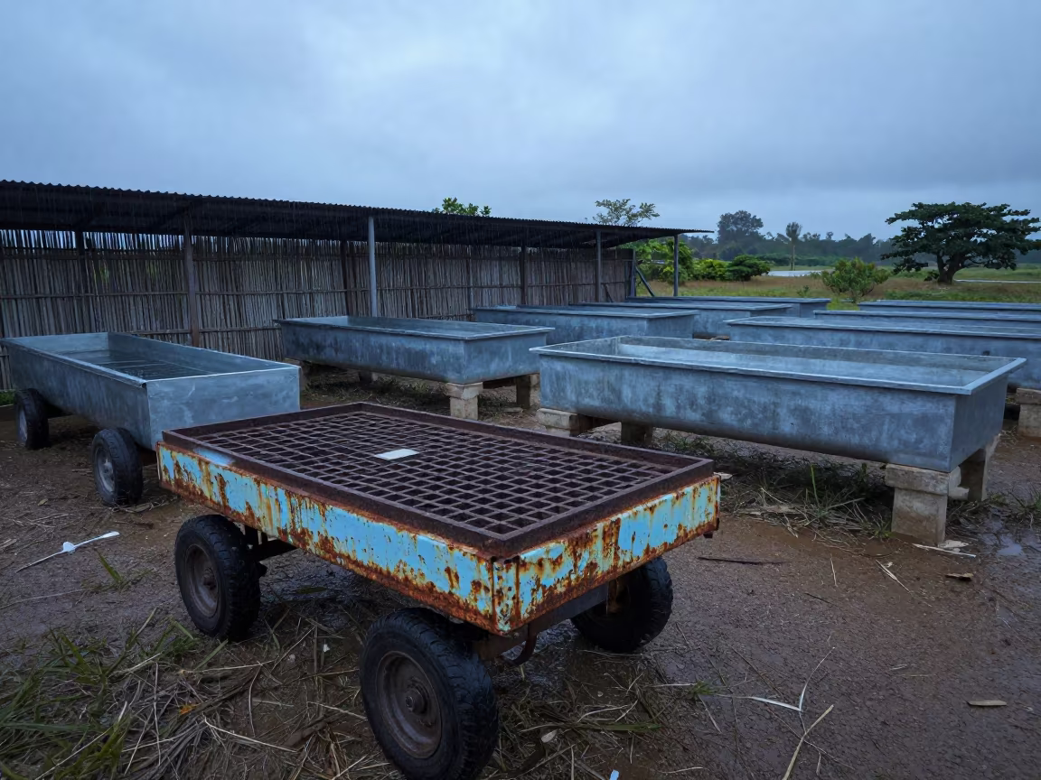 Candling Tray Cart at Blue Hour in Trinidad in near a windbreak and water trough in Trinidad and Tobago