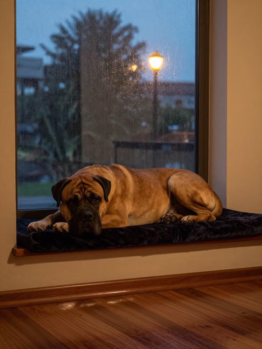 Cane Corso Dog Resting on Apartment Window Seat in on a window seat in a quiet apartment with soft side light near Chipata (Fort Jameson)