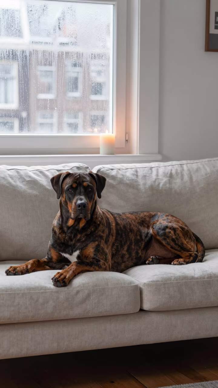 Cane Corso Dog Resting on Linen Sofa in on a linen sofa with daylight from a nearby window in Oud-West, Amsterdam