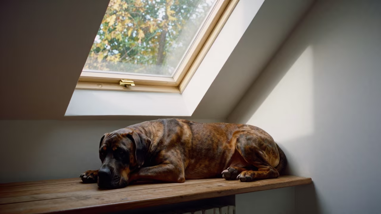 Cane Corso Dog Resting on Window Seat in on a window seat in a quiet apartment with soft side light near Galway