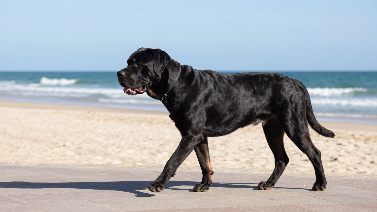 Cane Corso Dog Walking on Durban Beach Promenade Under Bright Midday Sun in in Durban, South Africa
