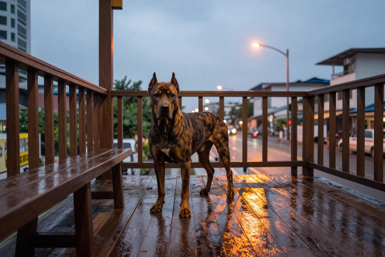 Cane Corso on Bangkok Porch at Dusk in on a shaded front porch with boards, railings, and eye-level framing near Bangkok