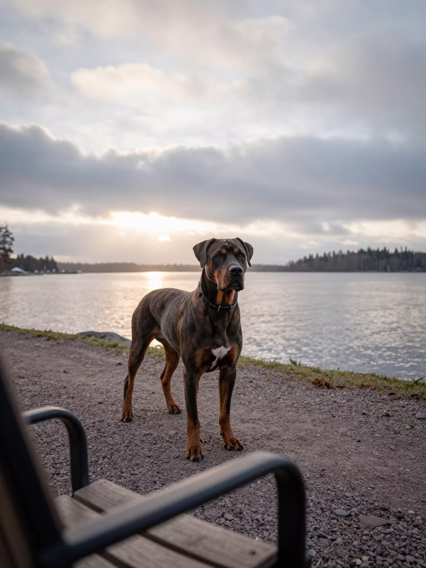 Cane Corso on Espoo Park Path at Dawn in along a quiet park path with soft open shade and a clean background in Espoo