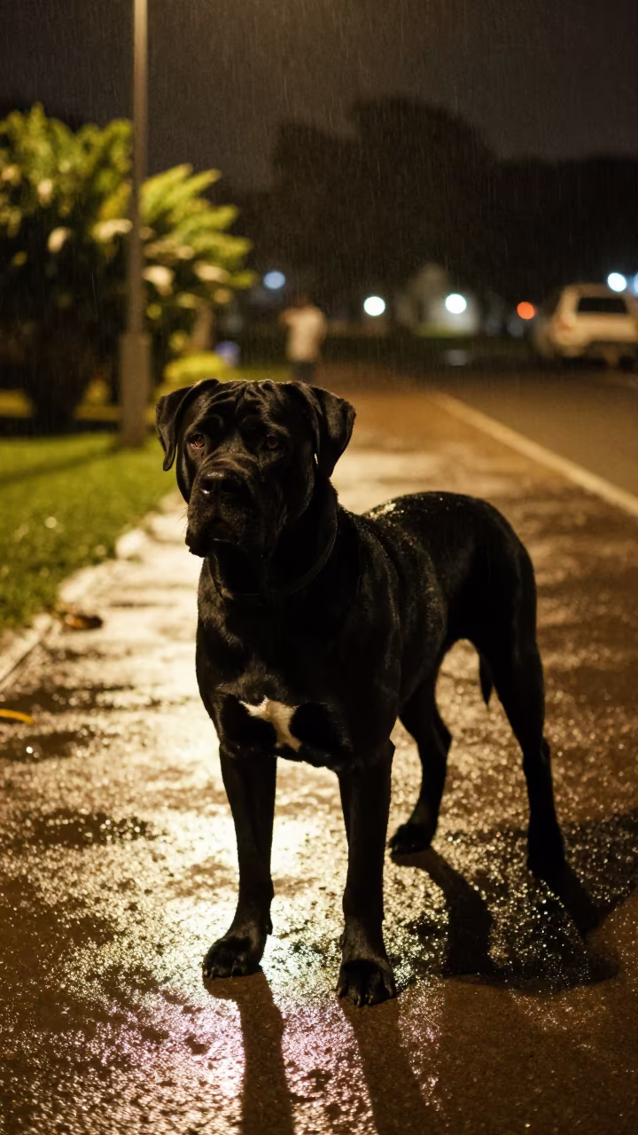 Cane Corso on Lagos Park Path at Night in near a garden edge with soft morning light and an uncluttered background in Yaba, Lagos