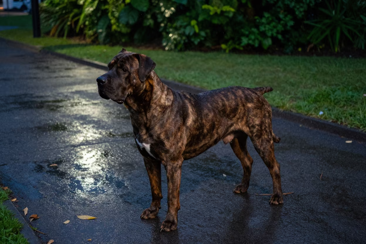 Cane Corso on Rainy Park Path Night Montego Bay in along a quiet park path with soft open shade and a clean background in Montego Bay