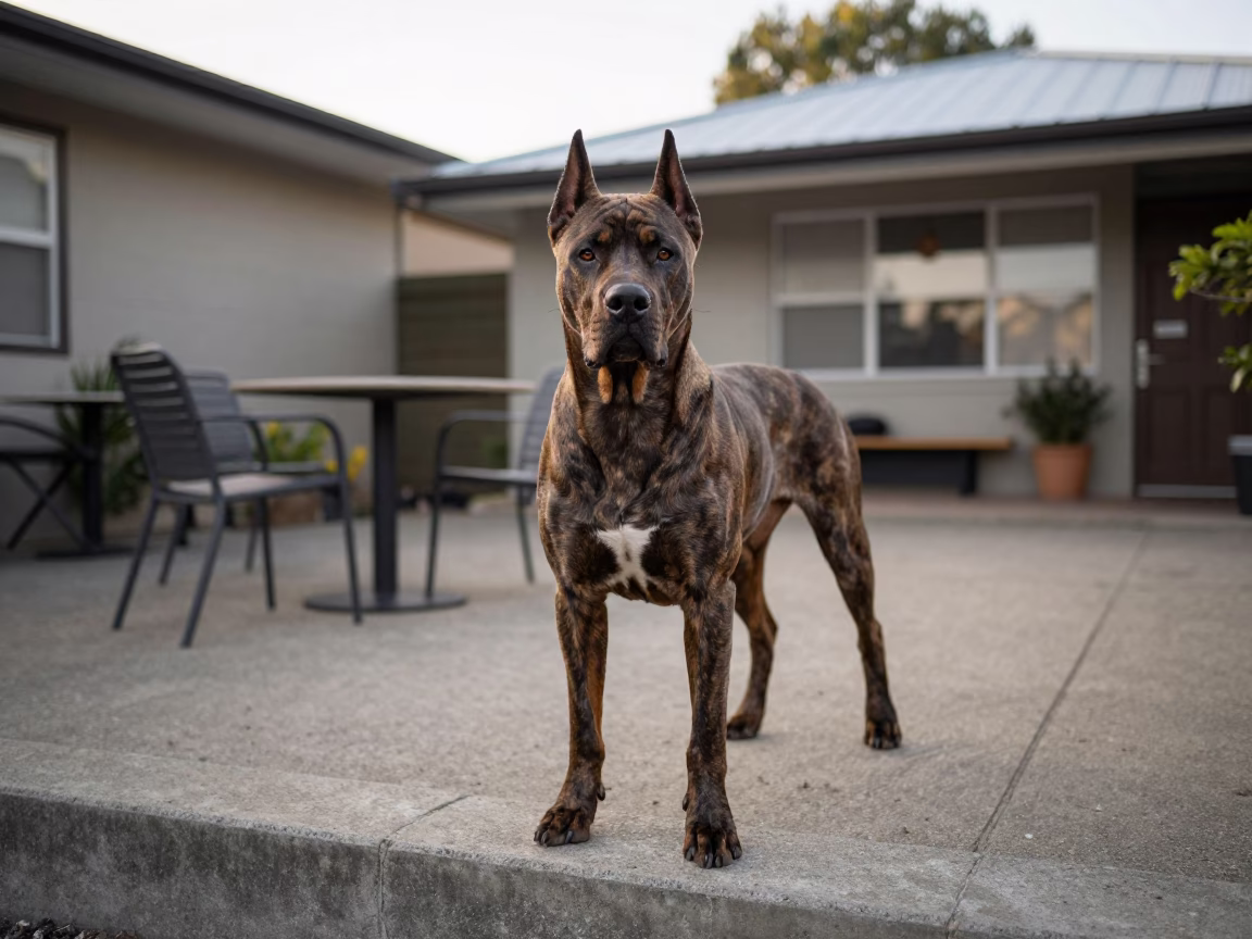 Cane Corso Portrait in Brisbane Yard at Dawn in in a small yard with clipped grass, calm light, and the animal centered in frame near Brisbane