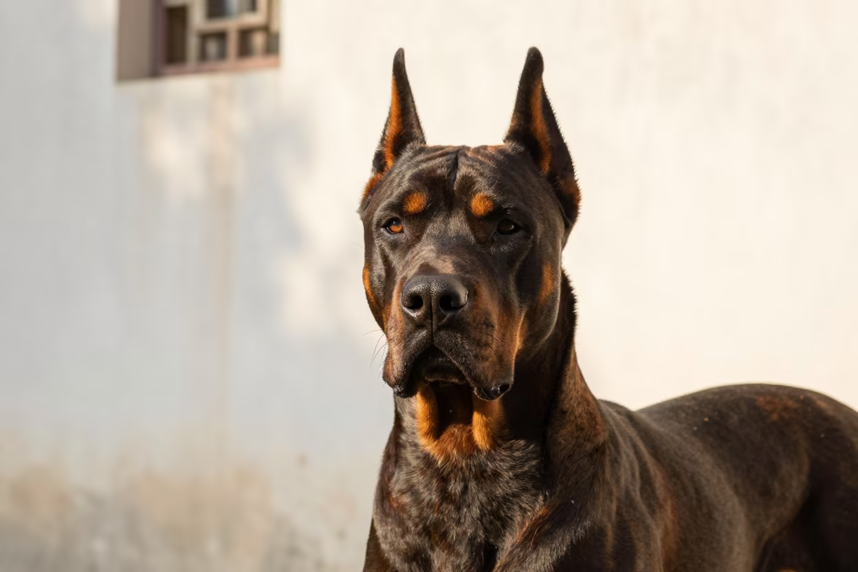 Cane Corso Portrait in Guilin Courtyard in beside a plain courtyard wall in clear daylight with the animal at eye level in Guilin