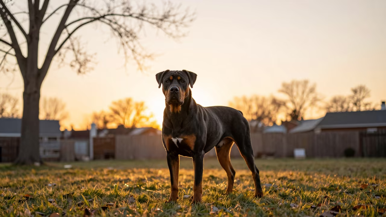 Cane Corso Portrait in Ottawa Winter Yard in in a small yard with clipped grass, calm light, and the animal centered in frame in Ottawa