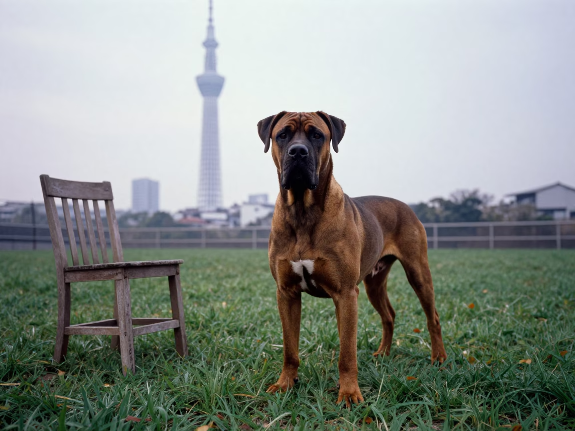 Cane Corso Portrait in Tokyo Yard Morning Haze in in a small yard with clipped grass, calm light, and the animal centered in frame in Tokyo