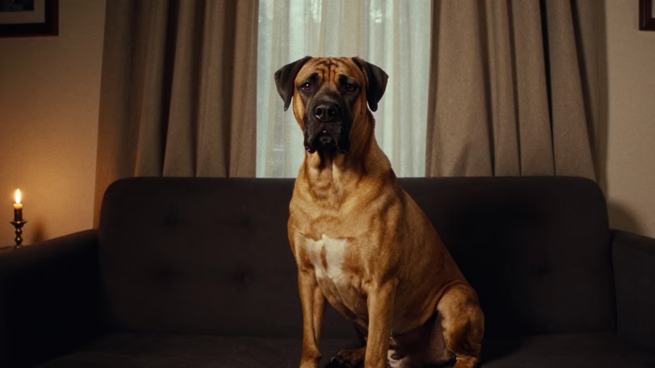 Cane Corso Portrait in Warm Candlelight Interior in on a sofa near a curtained window with calm indoor light near Kuala Terengganu