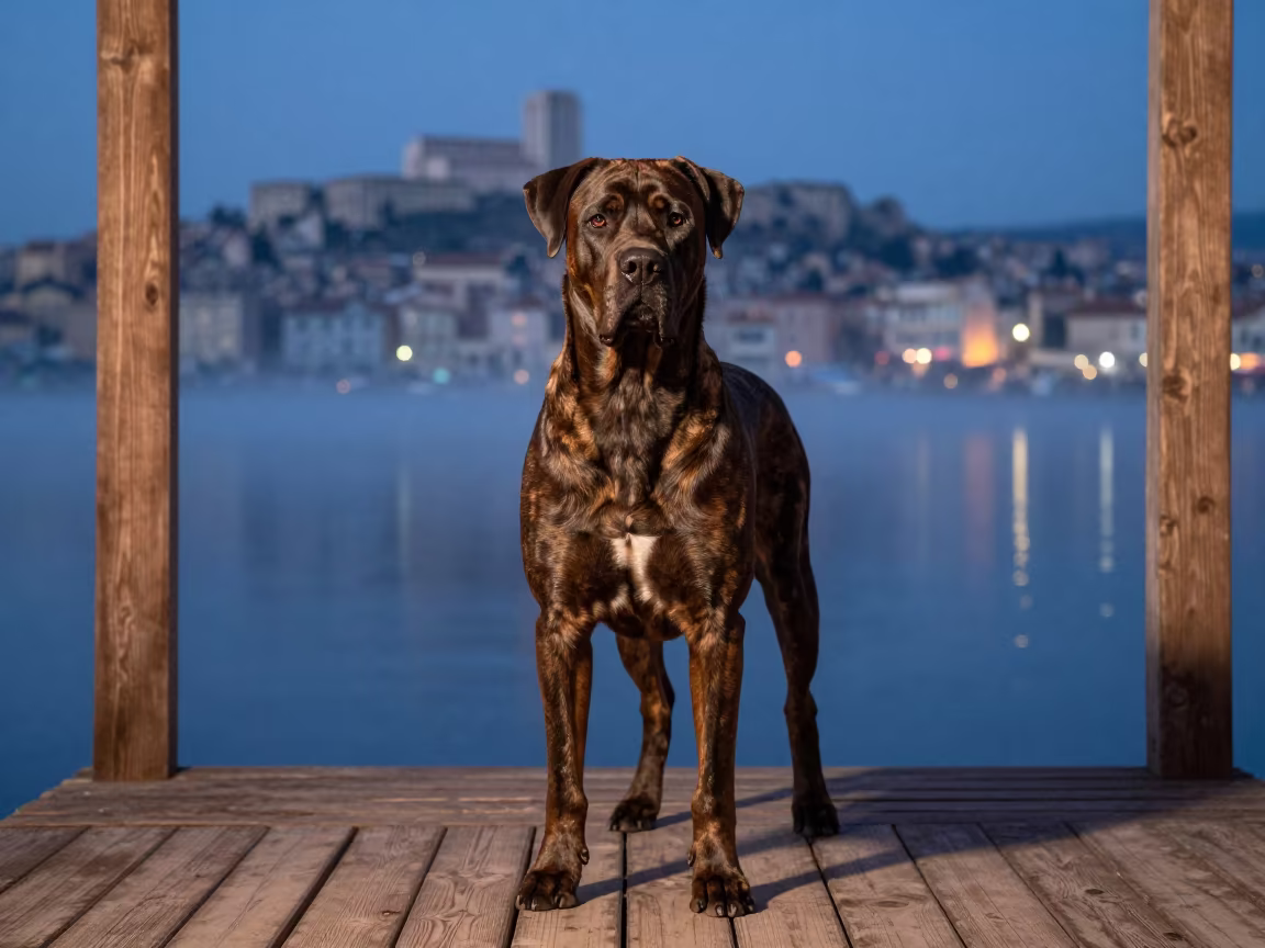 Cane Corso Portrait on Marseille Porch at Blue Hour in on a shaded front porch with boards, railings, and eye-level framing in Marseille