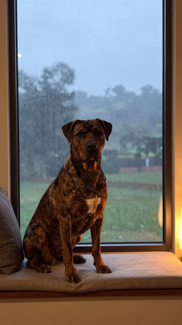 Cane Corso Portrait on Window Seat Kampala in on a cushioned window seat with soft side light and an uncluttered background in Kampala