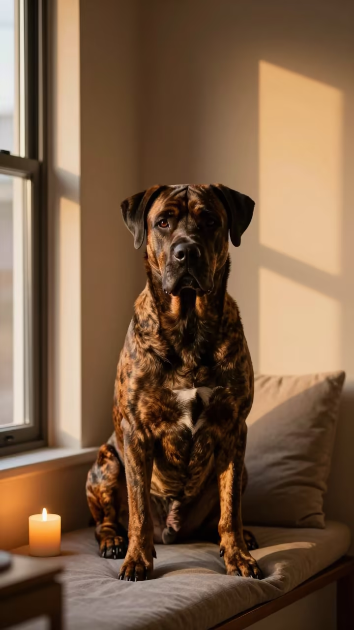 Cane Corso Portrait on Window Seat Lusaka in on a cushioned window seat with soft side light and an uncluttered background in Lusaka