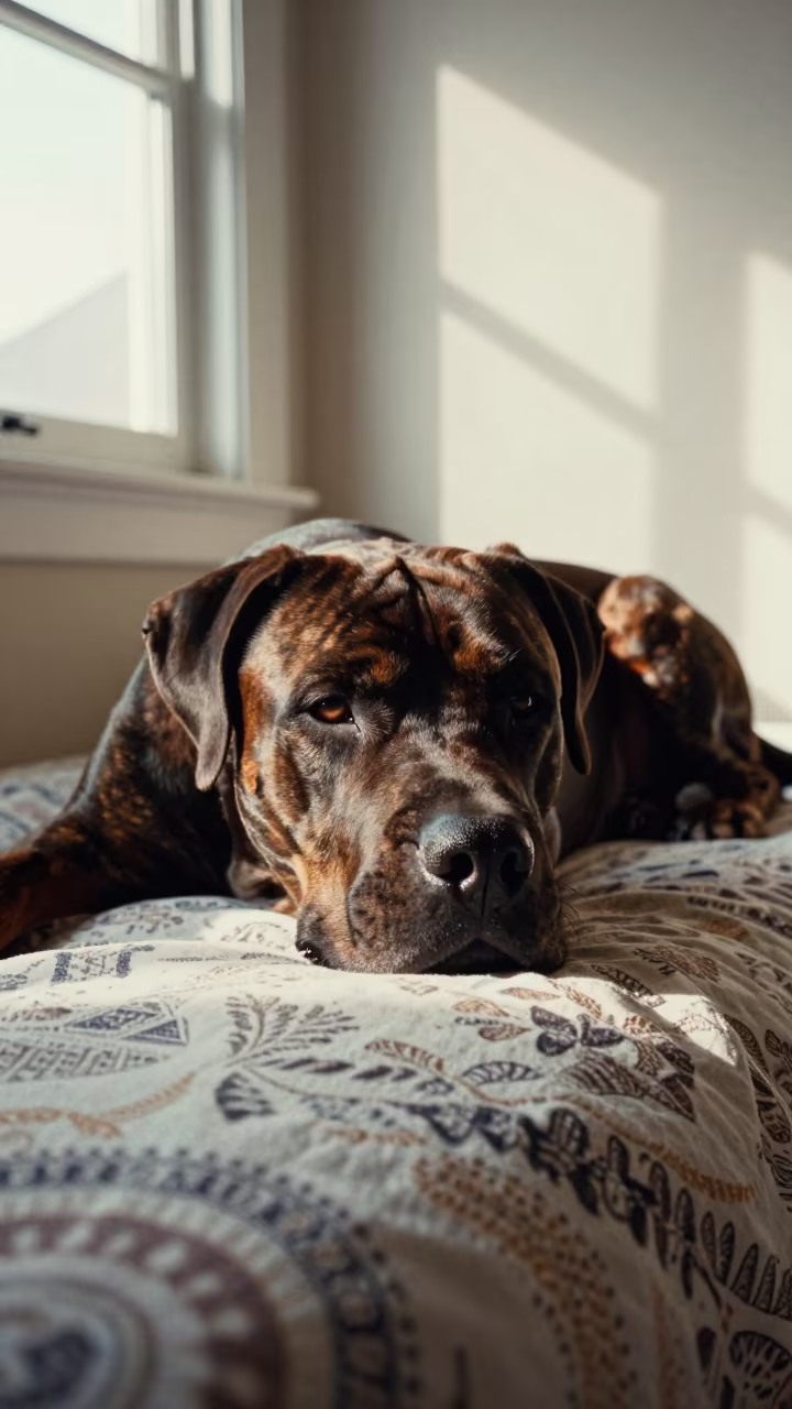Cane Corso Resting on Bedspread Near Window in on a bedspread near a bright window with calm indoor light in Rize