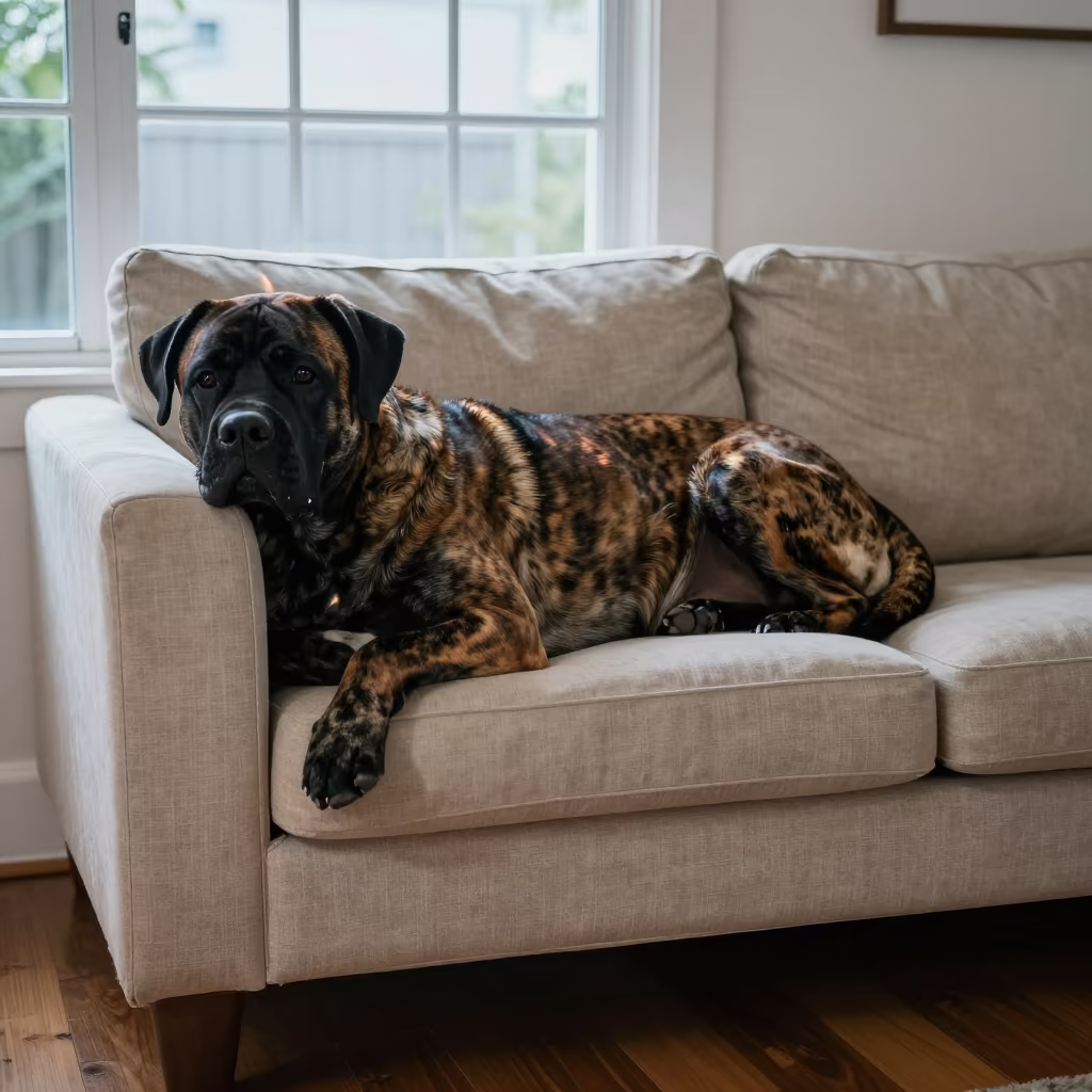 Cane Corso Resting on Linen Sofa in Maracay in on a linen sofa with daylight from a nearby window in Maracay