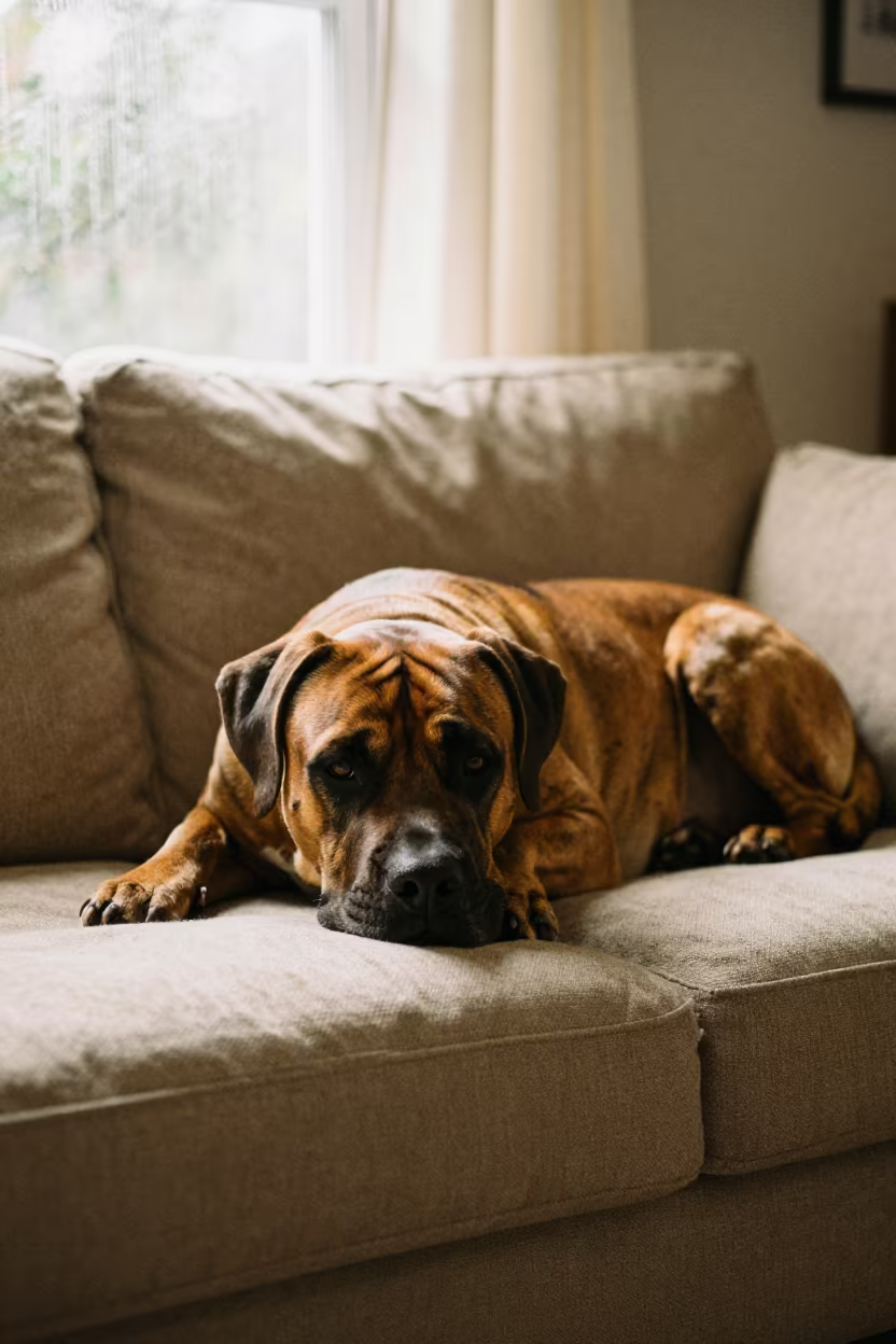 Cane Corso Resting on Linen Sofa Near Satna Window in on a linen sofa with daylight from a nearby window near Satna