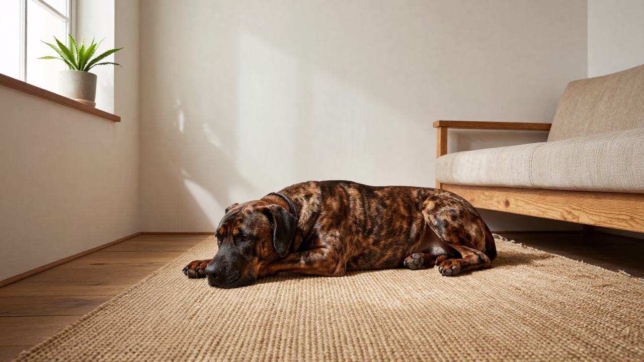 Cane Corso Resting on Woven Rug in Valencia Home in on a woven rug beside a low couch and an uncluttered wall in Valencia