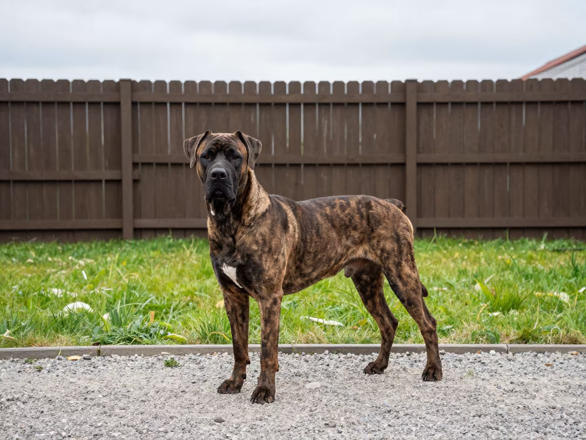 Cane Corso Standing on Park Path Near Elbląg in in a small yard with clipped grass, calm light, and the animal centered in frame near Elbląg