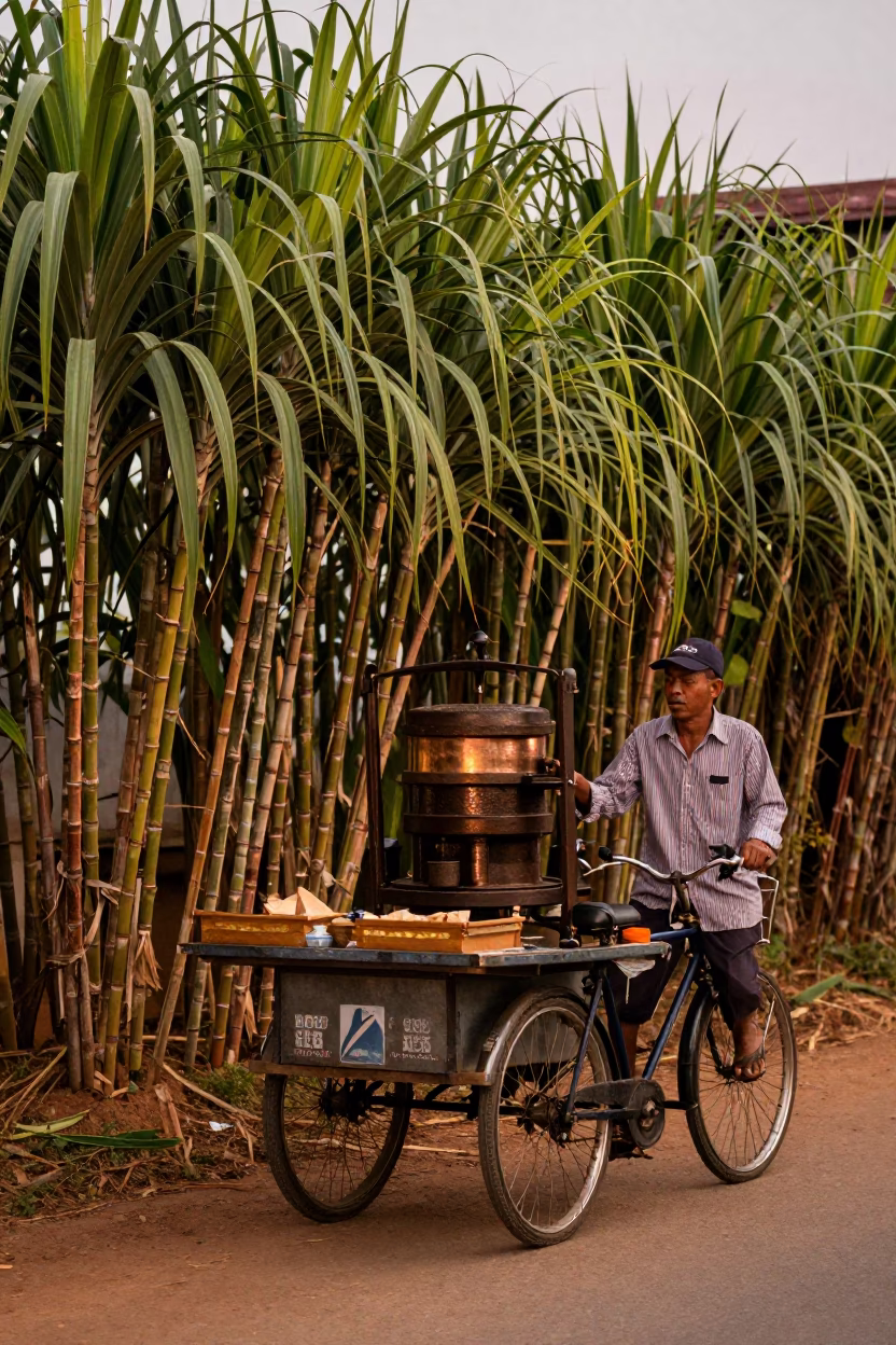 Cane Juice in Phnom Penh at Copper-toned Light Before Dusk in in Phnom Penh, Cambodia