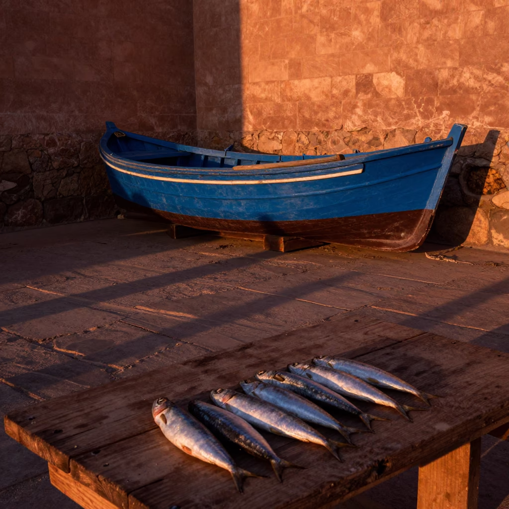 Cane Shadows in Essaouira at Copper-toned Light Before Dusk in in Essaouira, Morocco