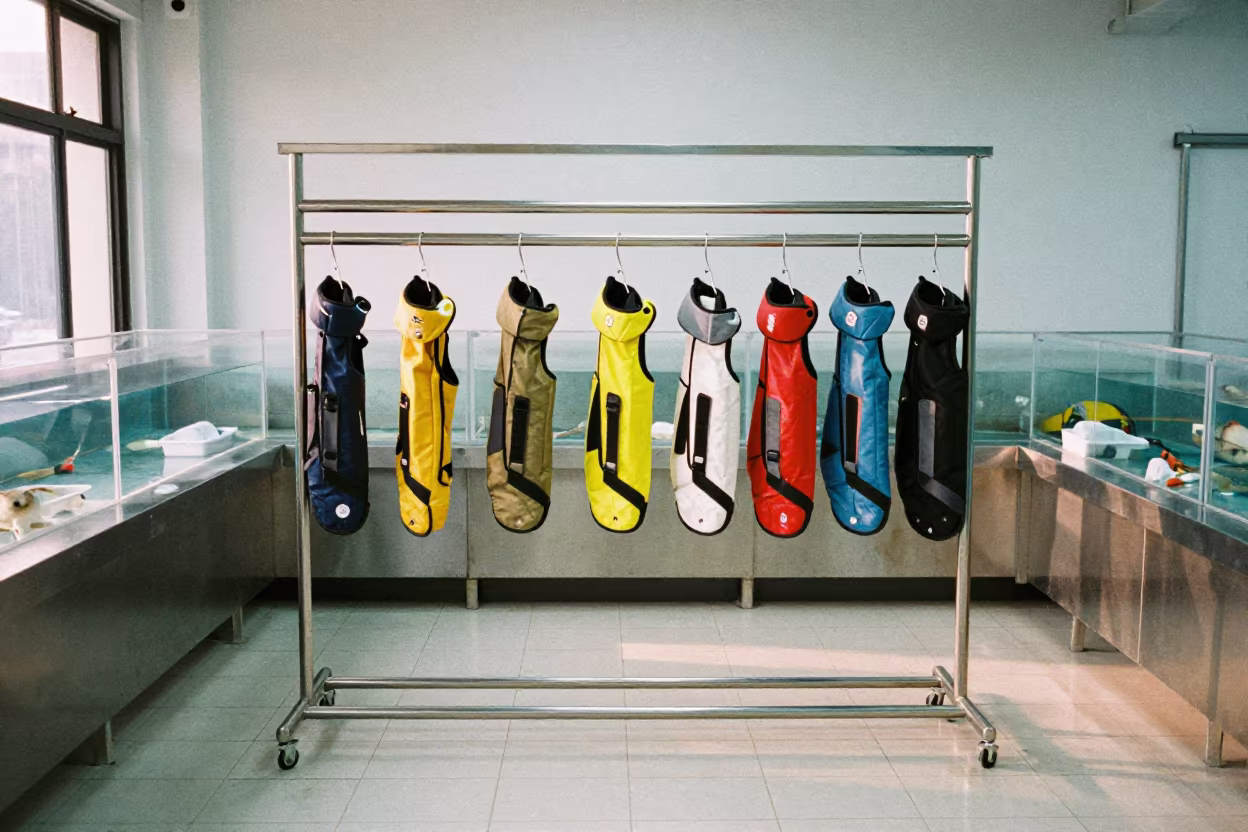 Canine Hydrotherapy Vest Rack Guilin Dawn in inside a fish bagging counter zone in Guilin