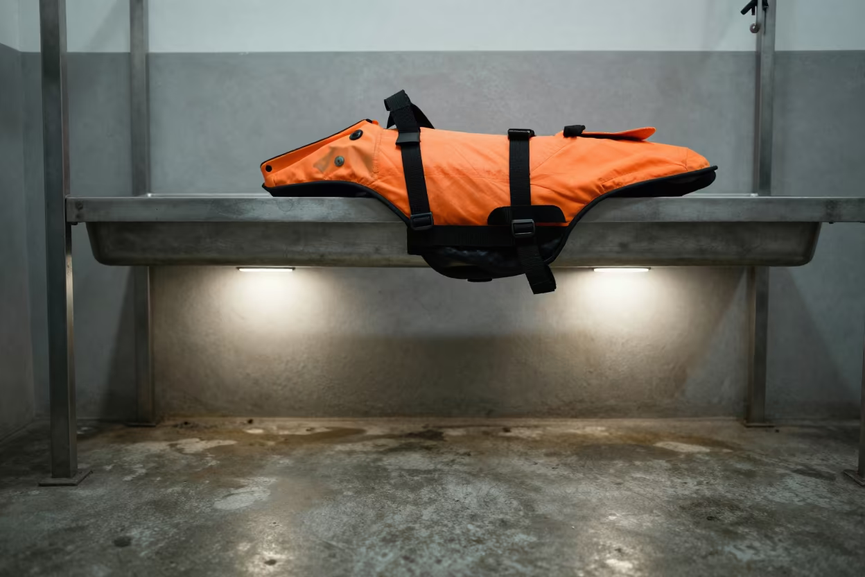 Canine Life Jacket Rinse Rail Before Dawn in inside a grooming bay in Honiara