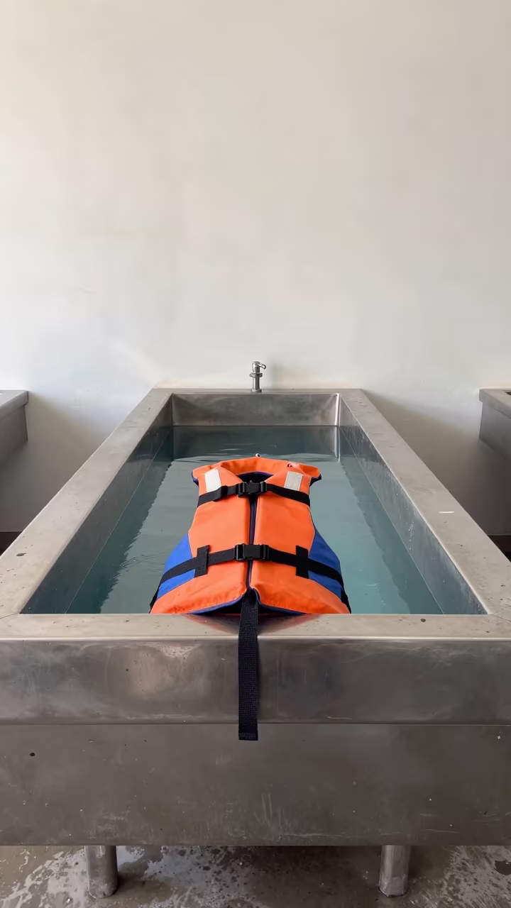 Canine Life Jacket Rinse Rail Indoor Counter in inside a fish bagging counter zone in Can Tho