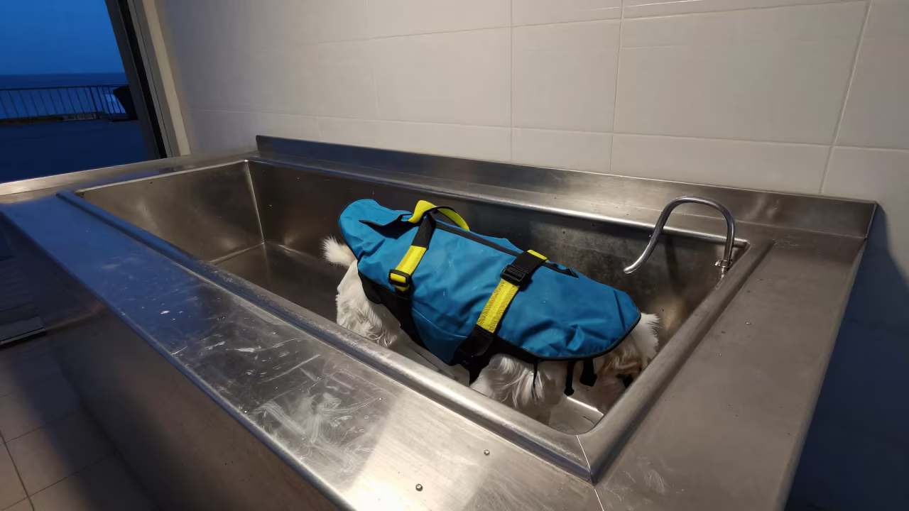 Canine Life Jacket Rinse Rail Twilight Tripoli in inside a fish bagging counter zone near Tripoli