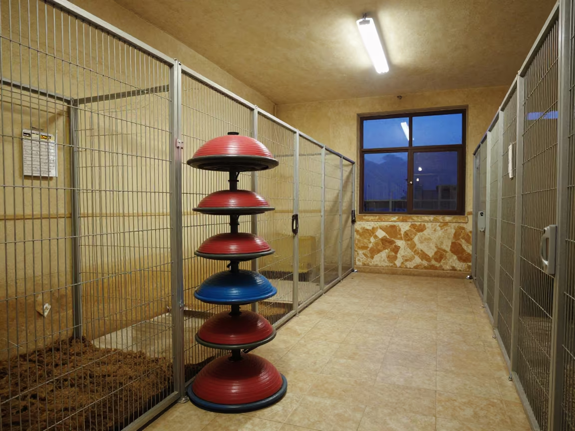 Canine Rehab Balance Rack in Rabat Kennel in in a boarding kennel corridor near Rabat