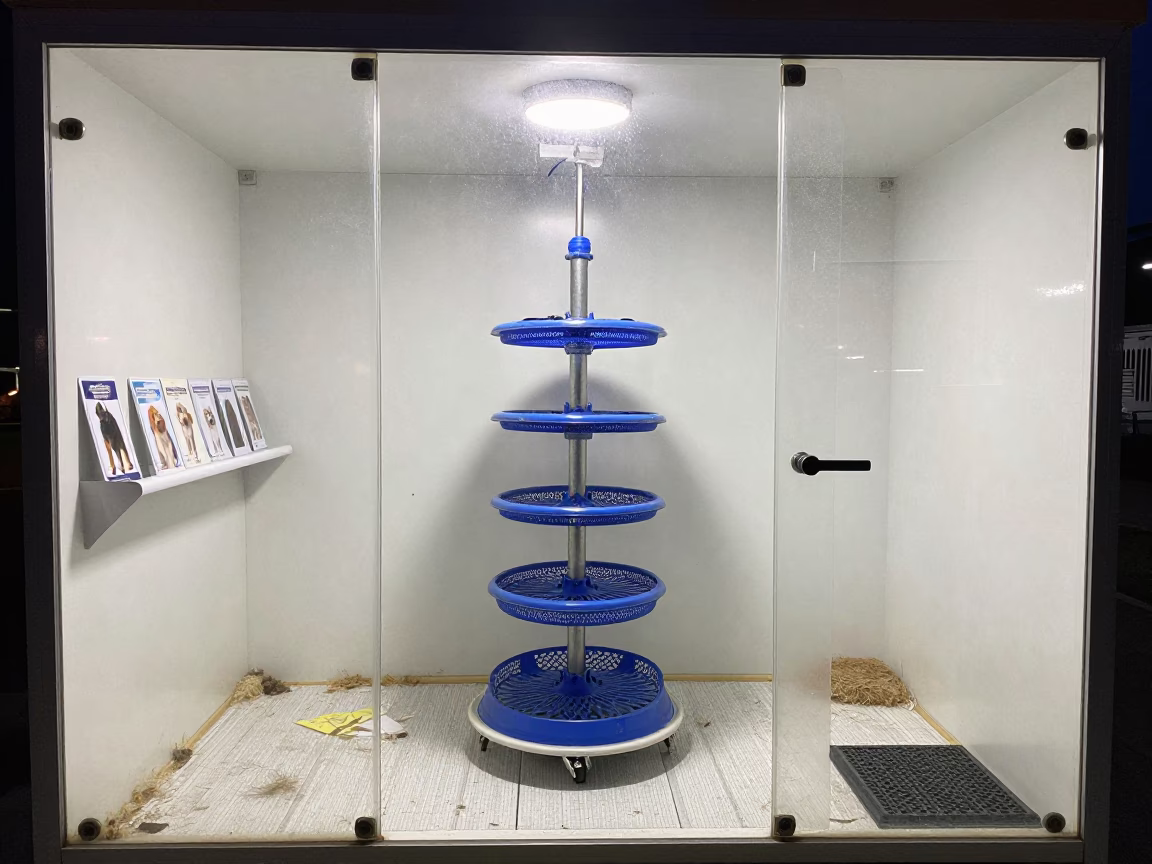 Canine Rehab Disk Rack Under Night Kennel Light in at a self-serve dog wash station near Pyongyang