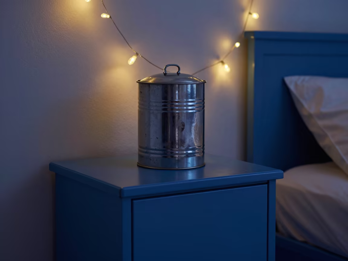 Canister on Painted Cabinet in Taranto Twilight in on a bedside table in Taranto