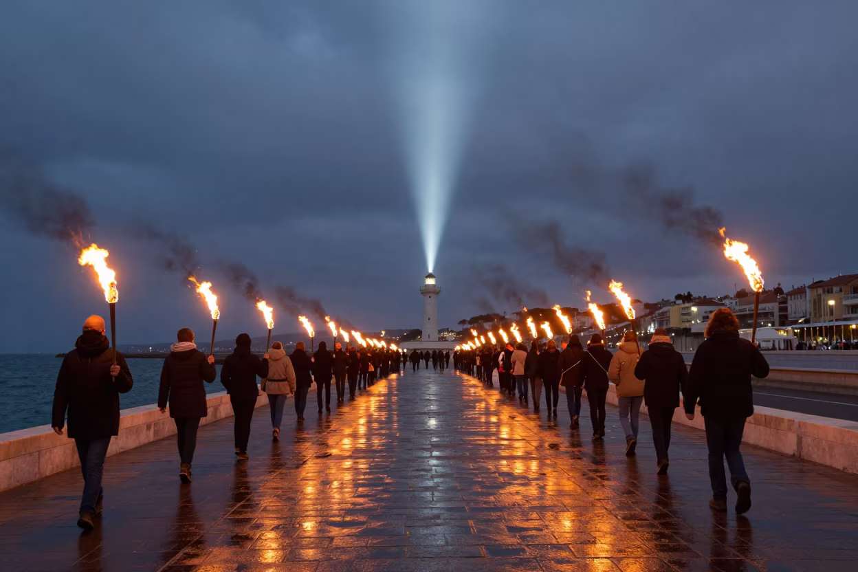 Cannes Beltane Torchlight Procession Predawn in at a waterfront celebration in Cannes