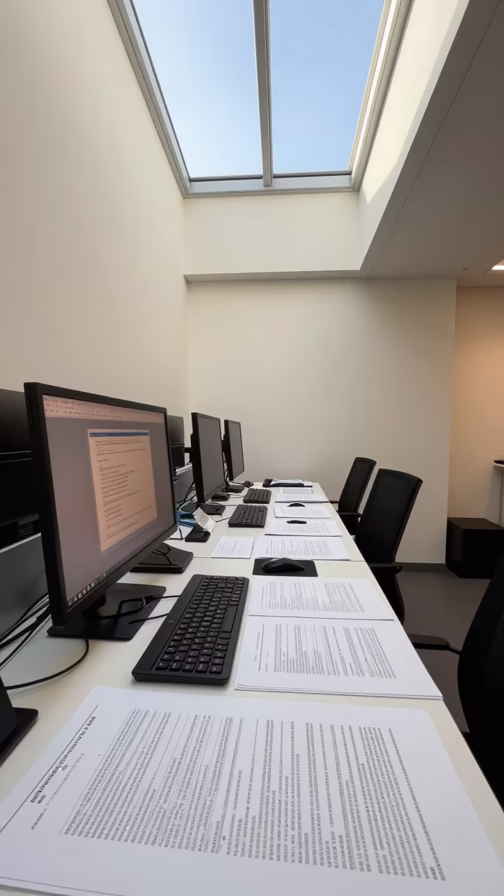 Cannes Mail Merge Desk Late Afternoon Skylight in in an operations center under monitor glow in Cannes