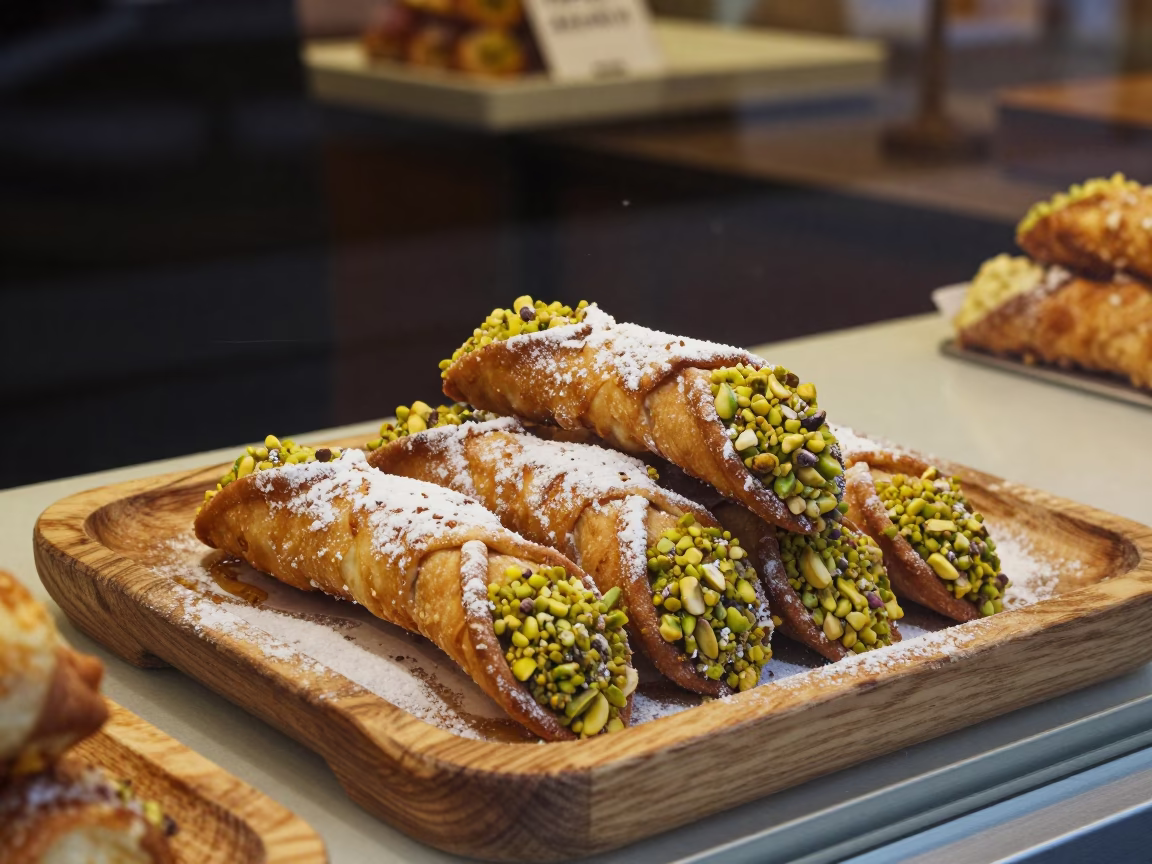 Cannoli Tray with Pistachios in Honeyed Evening Light Milan Italy Street Scene in in Milan, Italy