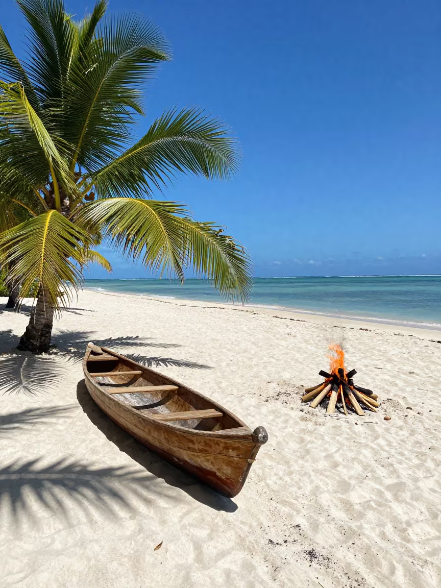 Canoe and Campfire on Jamaican Shore Noon in in Jamaica
