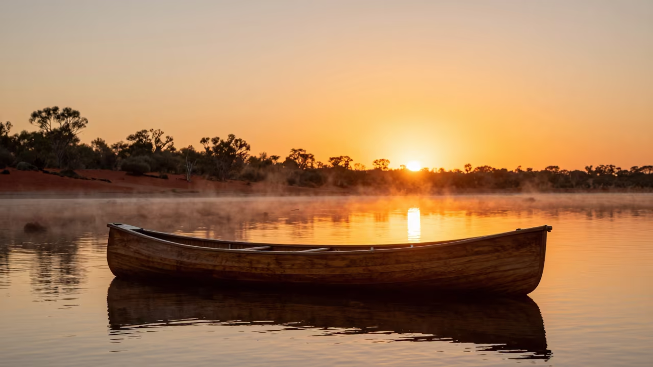 Canoe on Glassy Lake at Outback Sunset in in the Outback