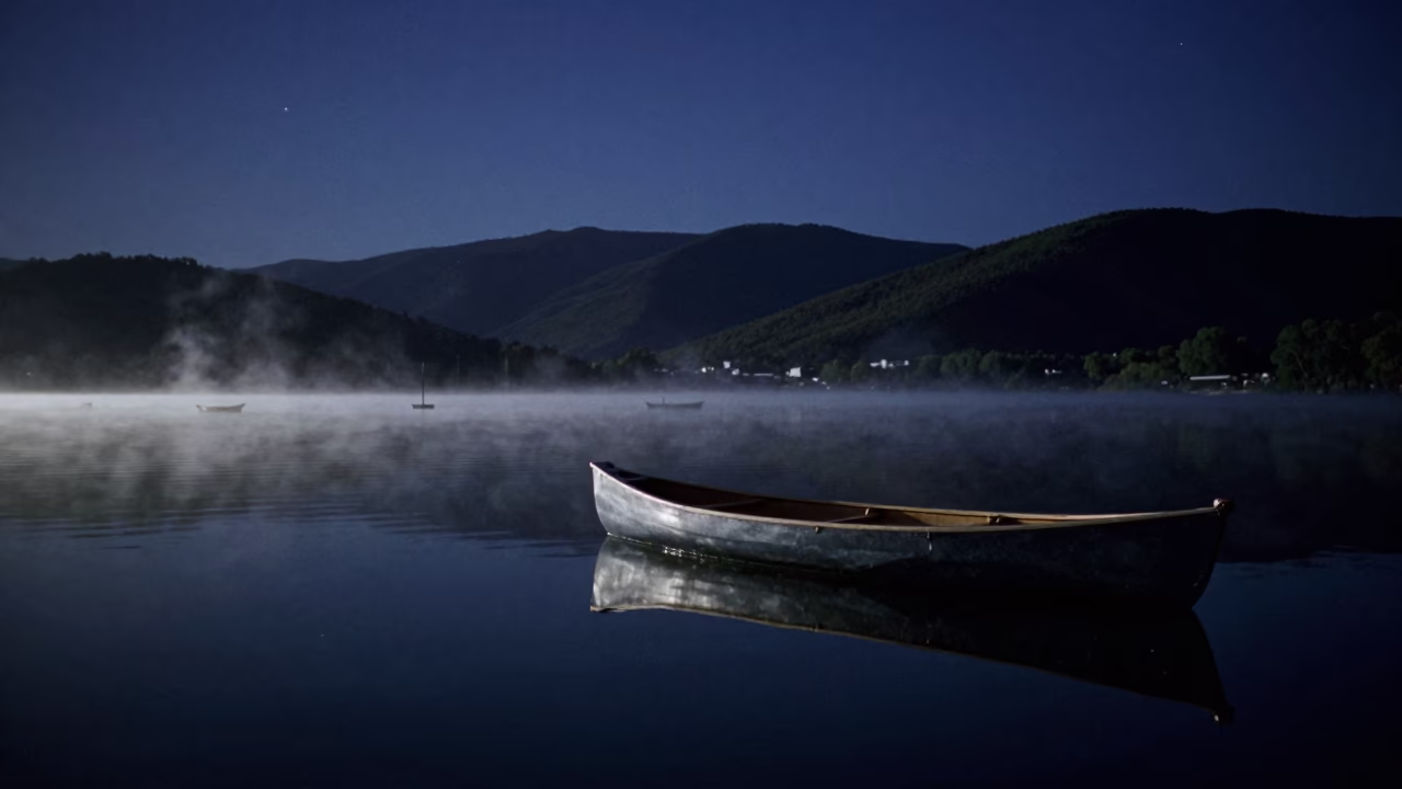 Canoe on Misty Albanian Lake Under Starlight in in Albania