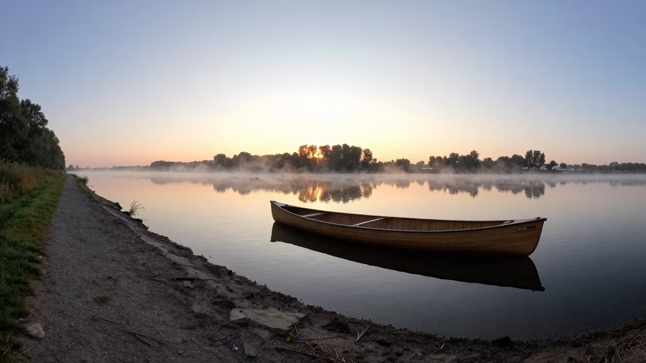 Canoe Reflection at Dawn on Loire Causeway in on a wind-open causeway in the Loire Valley