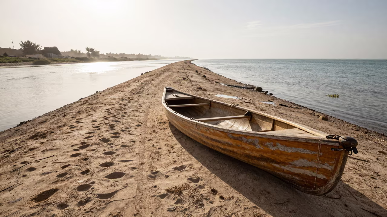 Canoe on Sandy River Island Causeway Israel in on a wind-open causeway in Israel