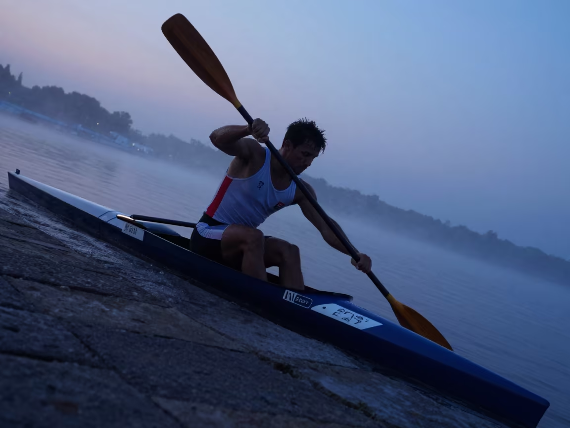 Canoe Sprinter in Misty Twilight at Alexandria Quay in at a harbor quay near Alexandria