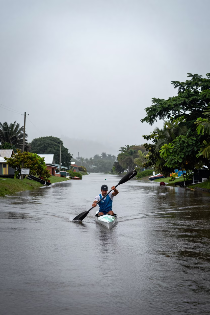 Canoe Sprinter Paddling at Dawn in Roseau in in a village lane near Roseau