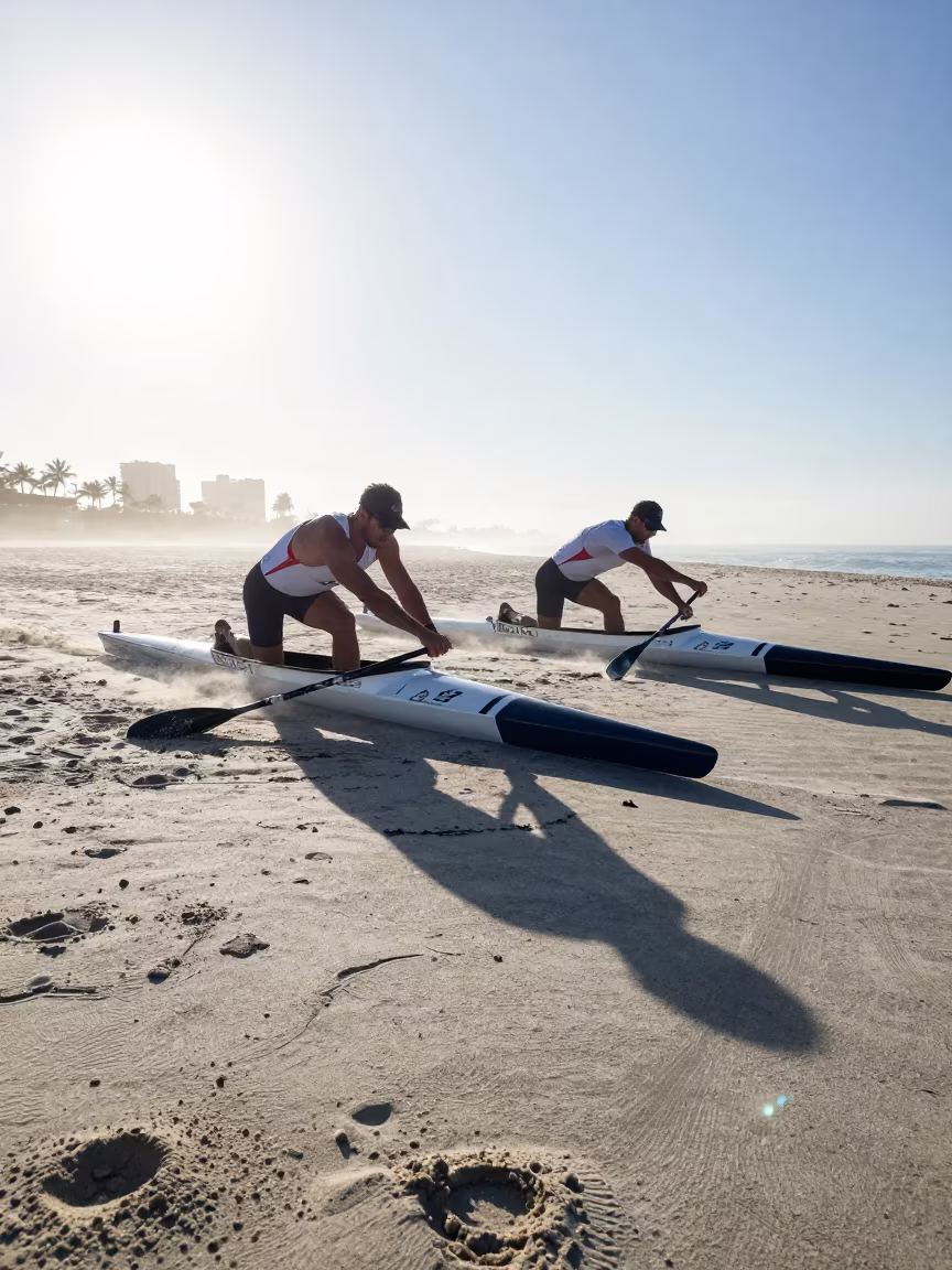 Canoe Sprinter Starting Race Miami Beach Afternoon in along a beach near Miami