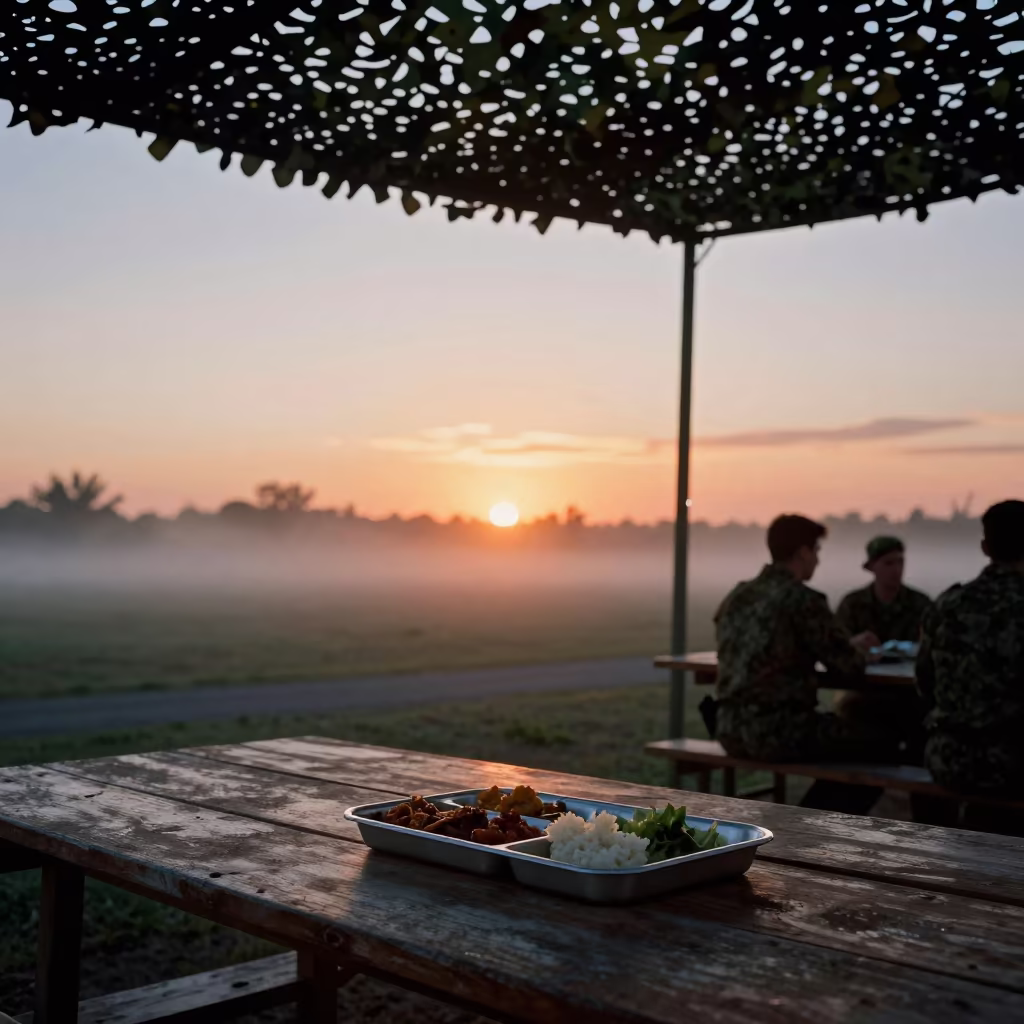 Canteen Clicker Tray Under Camo Net at Sunset in beneath a camouflage net shelter in Nassau