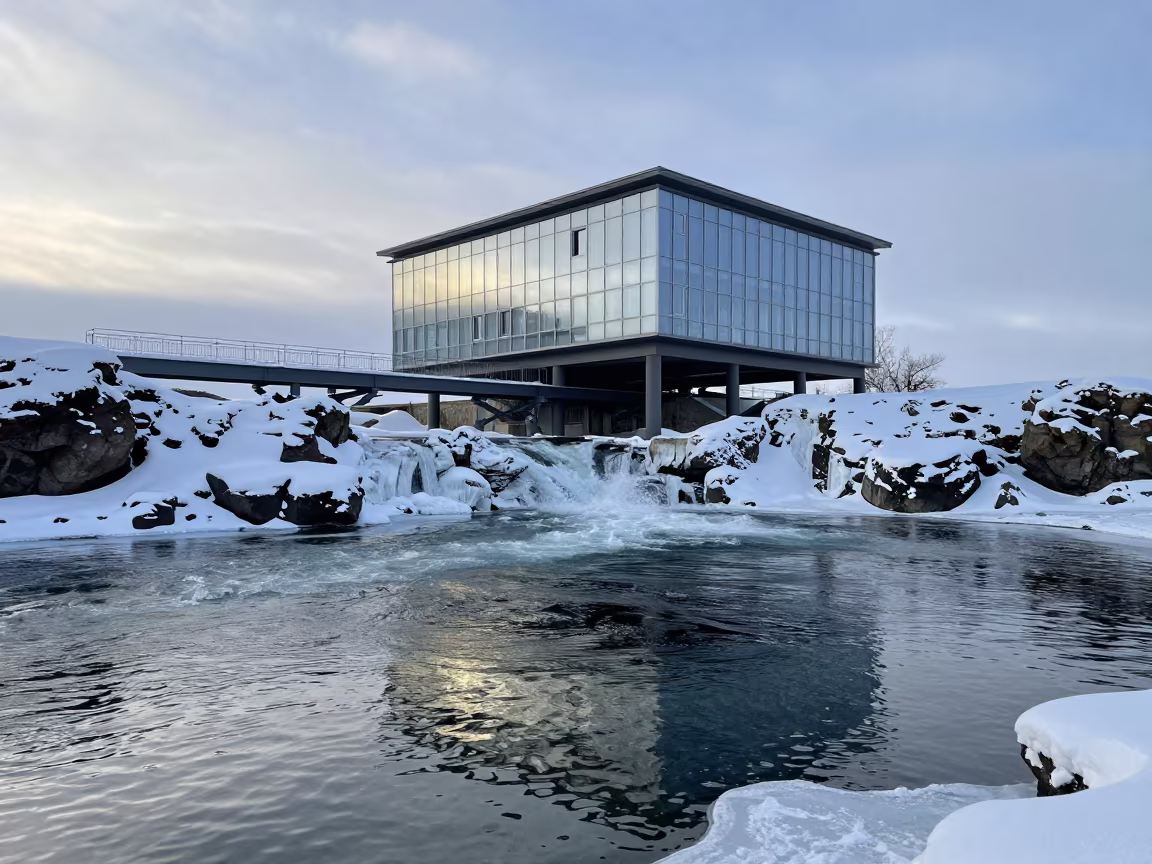 Cantilever House Over Winter Waterfall Almaty in near Almaty