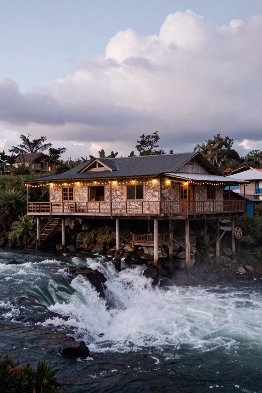 Cantilever House Over Waterfall Peru Evening in in Peru