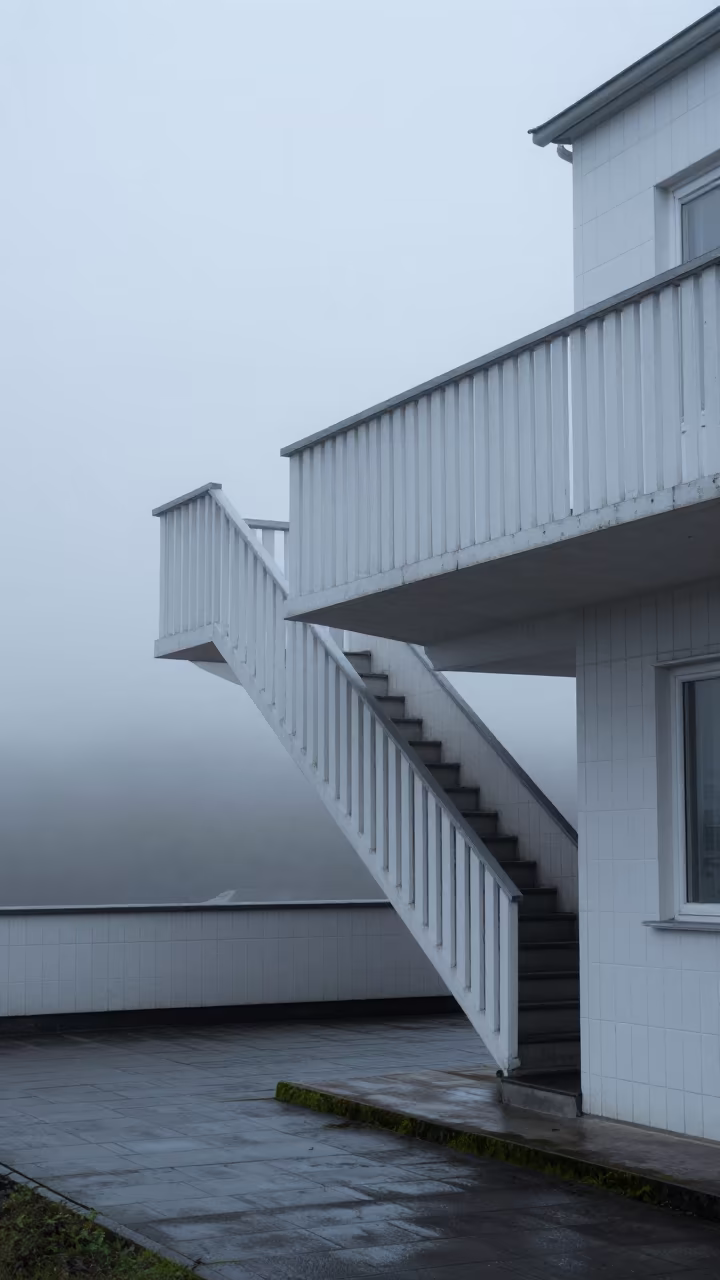Cantilevered Balcony Misty Dawn Light in inside a tiled stair hall near Mörön