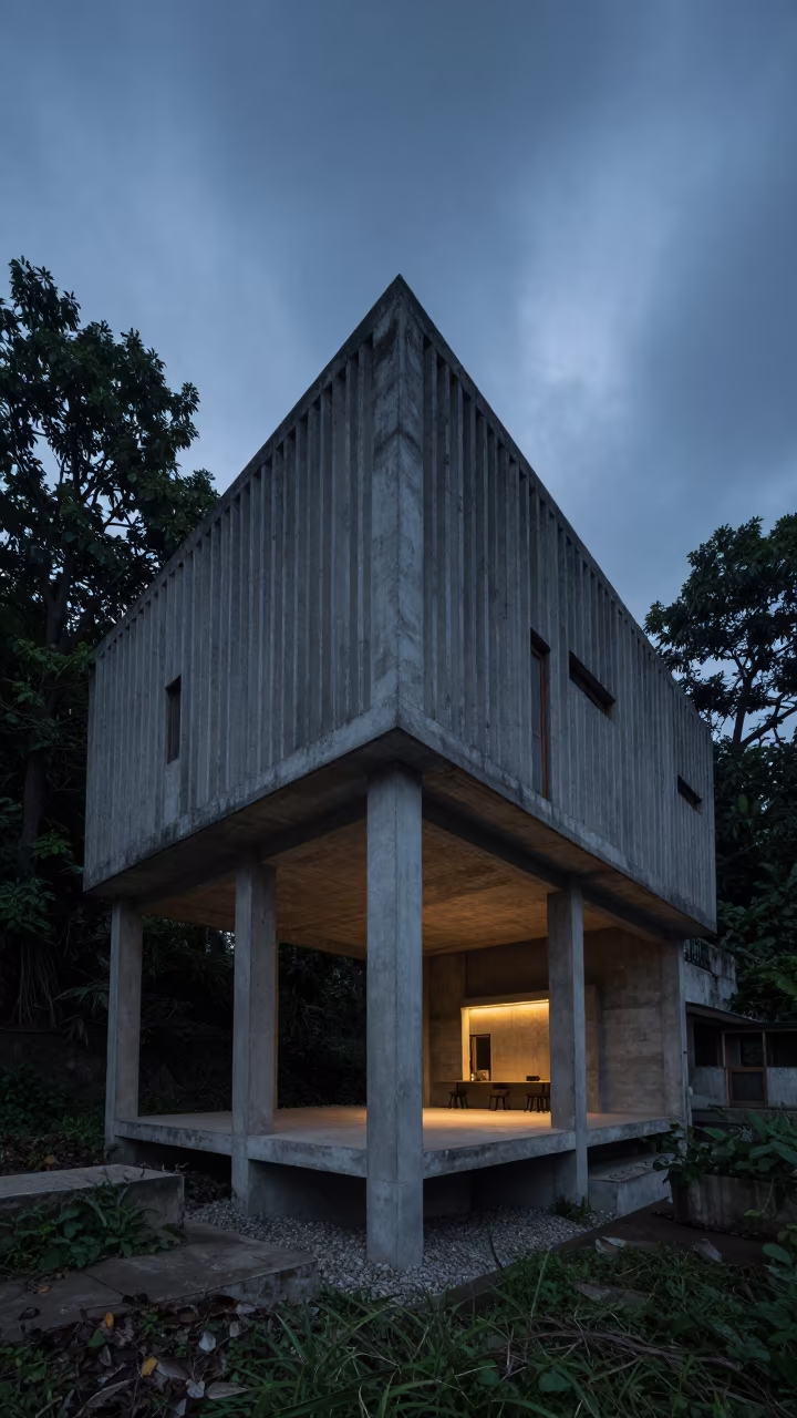 Cantilevered House Over Ravine in Indigo Evening Light in inside a ribbed concrete lobby near Haiphong